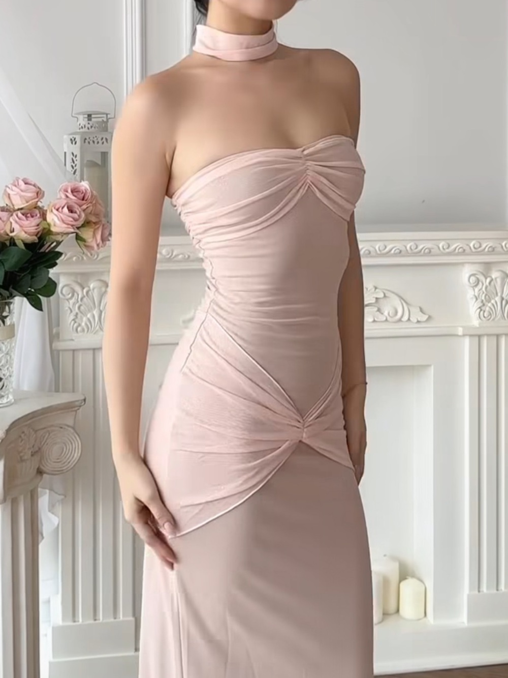 Strapless Twist-Detail Mesh Dress in Blush Pink